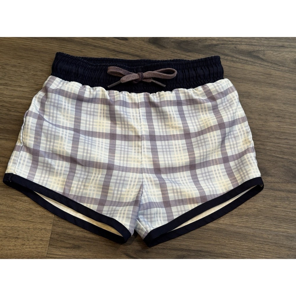 Minnow Swim Boys Boardie Trunks 3/4 Navy Plaid Shorts Coastal Preppy Beach